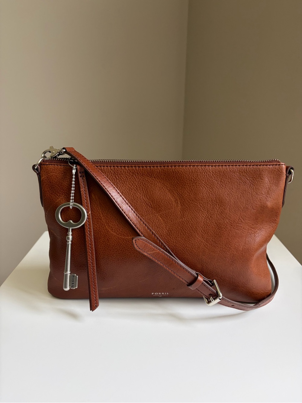 Fossil Tan Leather Crossbody with Key Charm